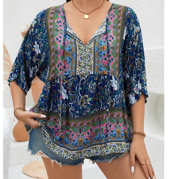 Plus Colorful Floral Print Neck Tie 3/4 Sleeve Blouse - Picture 2 of 11